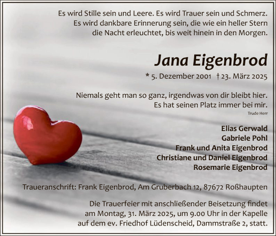 Todesanzeige von Jana Eigenbrod von WA