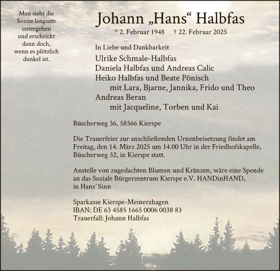 Todesanzeige von Johann Halbfas von WA