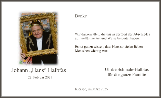 Todesanzeige von Johann Halbfas von WA