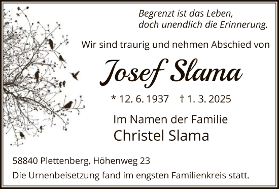 Todesanzeige von Josef Slama von WA
