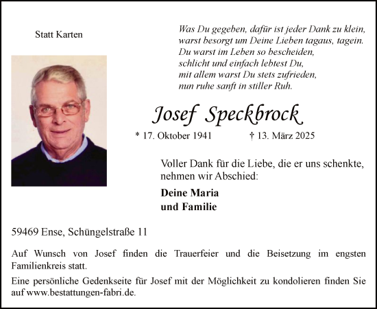 Todesanzeige von Josef Speckbrock von WA