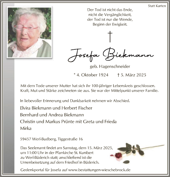 Todesanzeige von Josefa Biekmann von WA