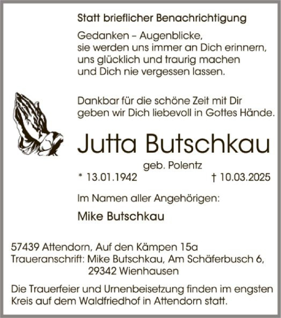Todesanzeige von Jutta Butschkau von WA