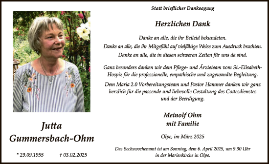 Todesanzeige von Jutta Gummersbach-Ohm von WA