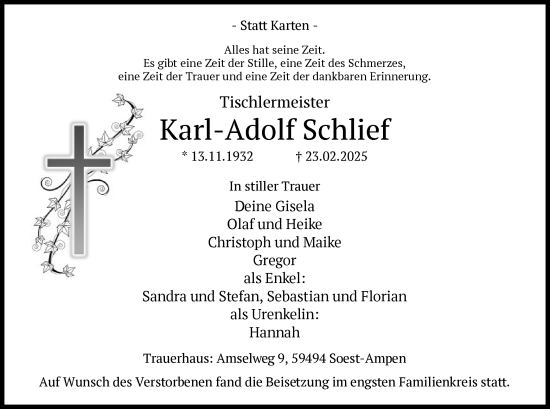 Todesanzeige von Karl-Adolf Schlief von WA