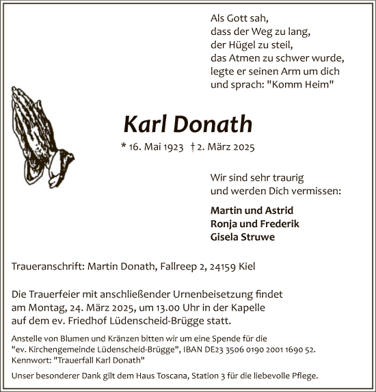 Todesanzeige von Karl Donath von WA