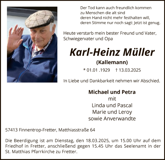 Todesanzeige von Karl-Heinz Müller von WA