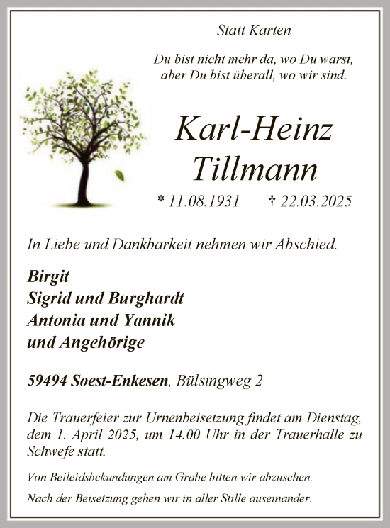 Todesanzeige von Karl-Heinz Tillmann von WA