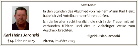 Todesanzeige von Karl Heinz Jaronski von WA