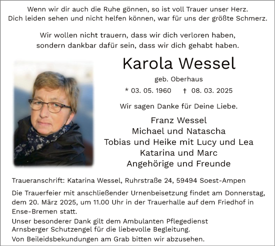 Todesanzeige von Karola Wessel von WA