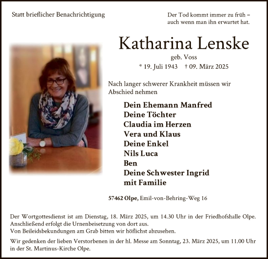 Todesanzeige von Katharina Lenske von WA