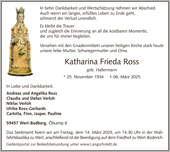 Todesanzeige von Katharina Frieda Ross von WA