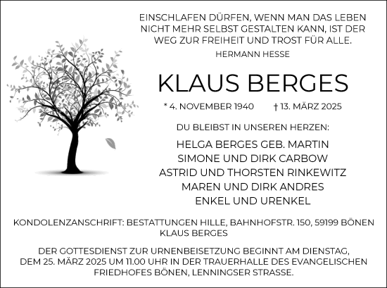 Todesanzeige von Klaus Berges von WA