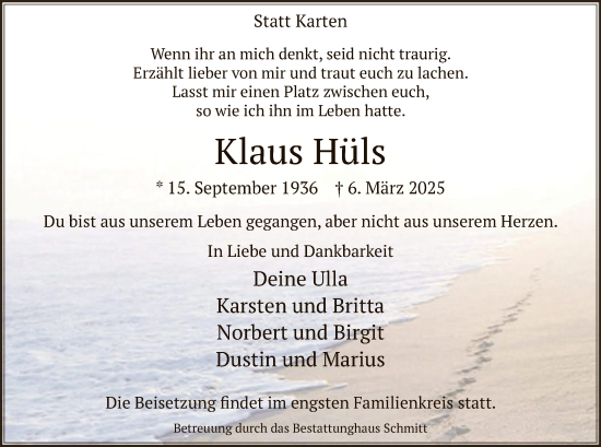 Todesanzeige von Klaus Hüls von WA