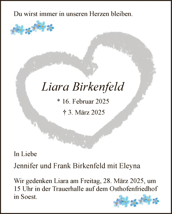 Todesanzeige von Liara Birkenfeld von WA