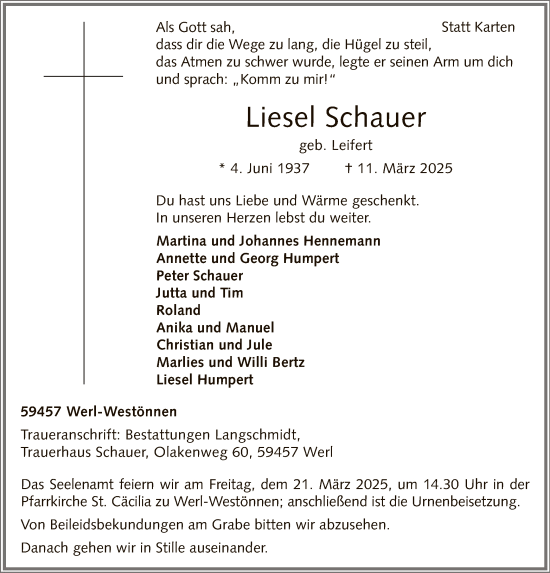 Todesanzeige von Liesel Schauer von WA
