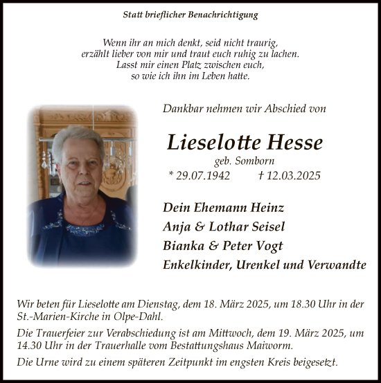 Todesanzeige von Lieselotte Hesse von WA
