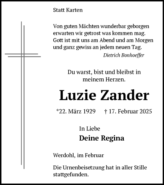 Todesanzeige von Luzie Zander von WA