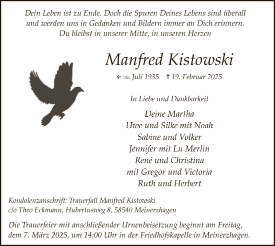 Todesanzeige von Manfred Kistowski von WA