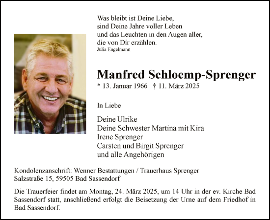 Todesanzeige von Manfred Schloemp-Sprenger von WA
