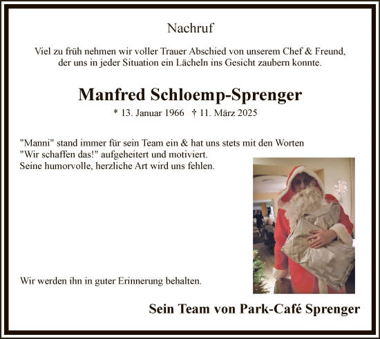 Todesanzeige von Manfred Schloemp-Sprenger von WA