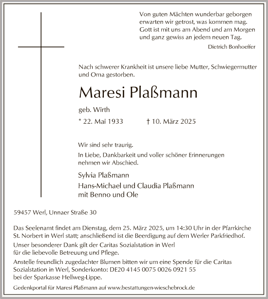 Todesanzeige von Maresi Plassmann von WA
