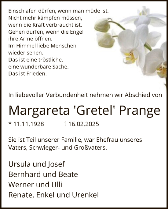 Todesanzeige von Margareta Prange von WA