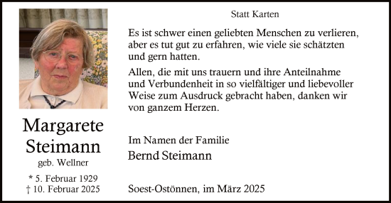 Todesanzeige von Margarete Steimann von WA