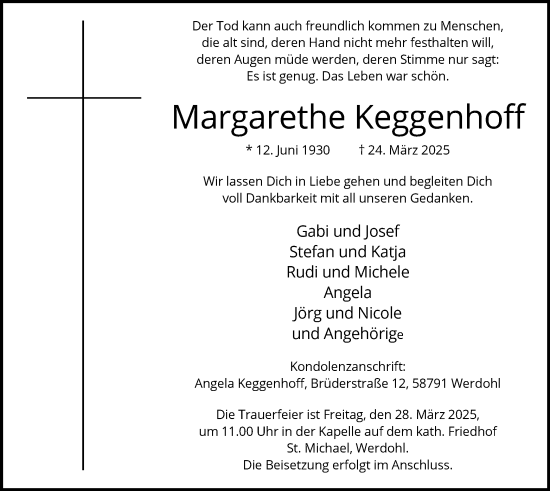 Todesanzeige von Margarethe Keggenhoff von WA