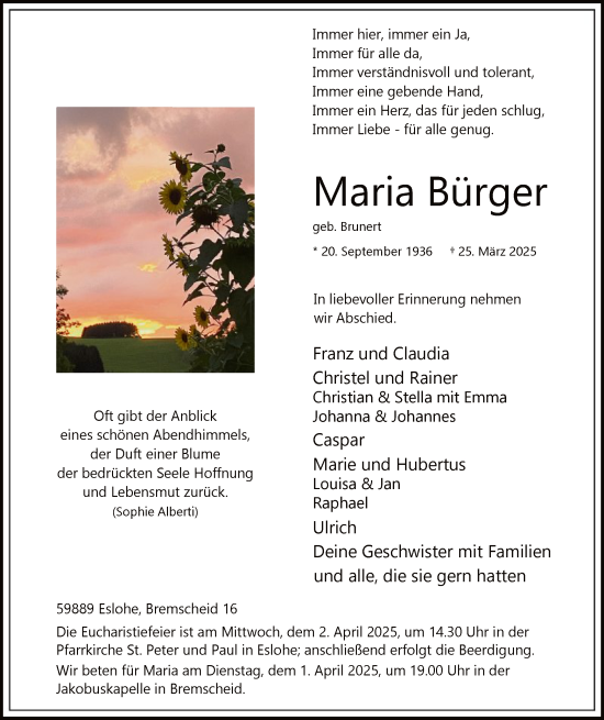 Todesanzeige von Maria Bürger von WA