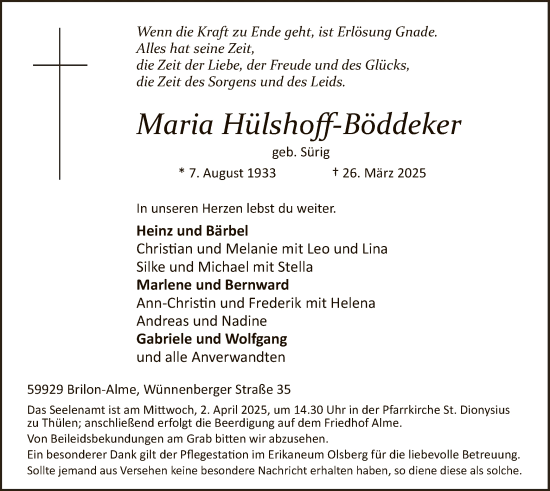 Todesanzeige von Maria Hülshoff-Böddeker von WA