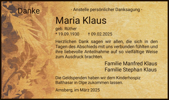 Todesanzeige von Maria Klaus von WA