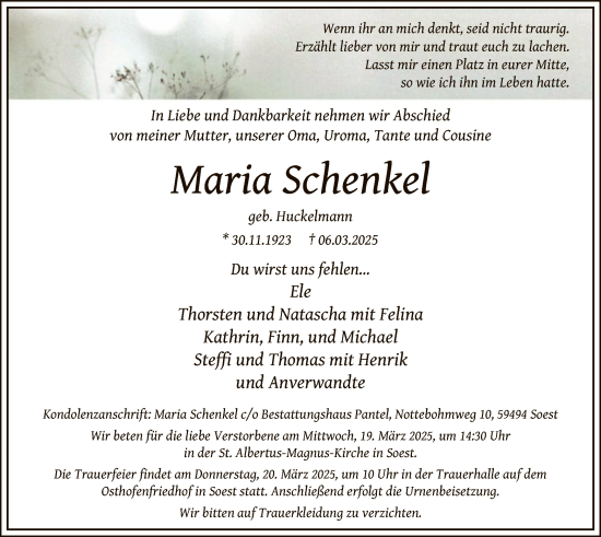 Todesanzeige von Maria Schenkel von WA