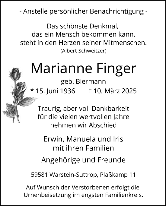 Todesanzeige von Marianne Finger von WA