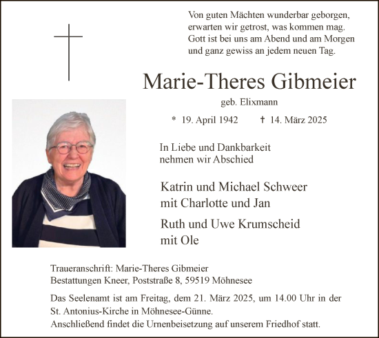 Todesanzeige von Marie-Theres Gibmeier von WA