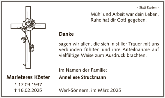 Todesanzeige von Marieteres Köster von WA
