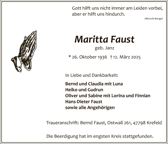 Todesanzeige von Maritta Faust von WA