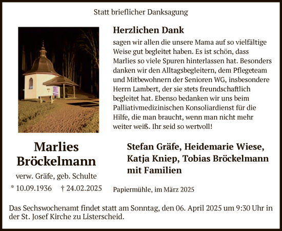 Todesanzeige von Marlies Bröckelmann von WA