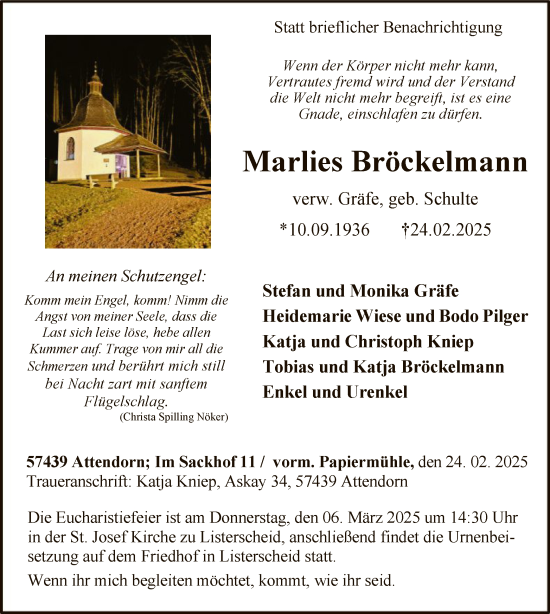Todesanzeige von Marlies Bröckelmann von WA