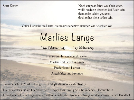 Todesanzeige von Marlies Lange von WA