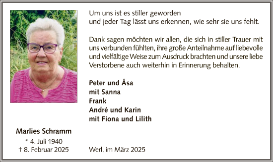 Todesanzeige von Marlies Schramm von WA