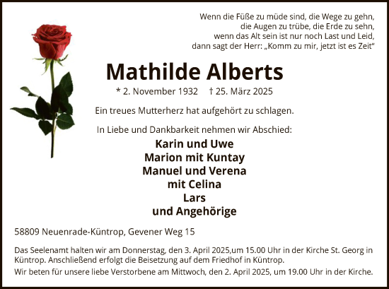 Todesanzeige von Mathilde Alberts von WA