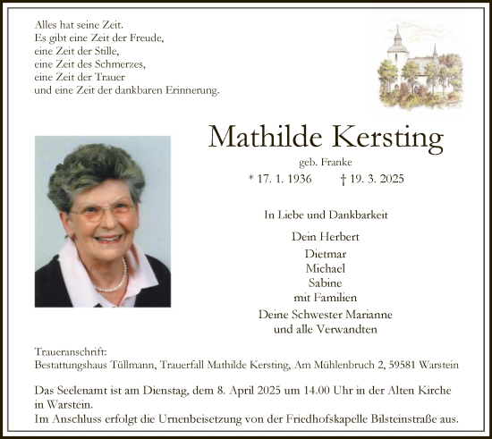 Todesanzeige von Mathilde Kersting von WA