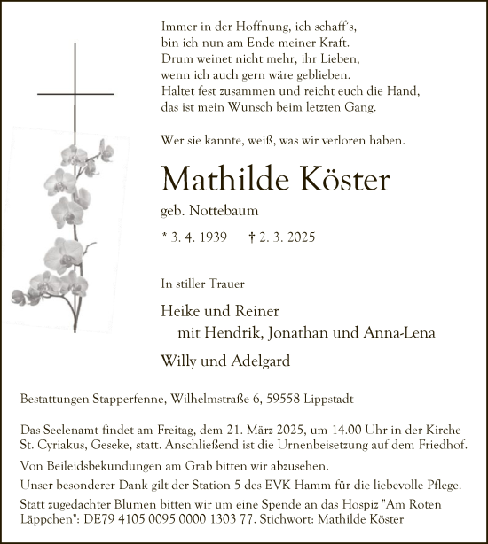 Todesanzeige von Mathilde Köster von WAWA