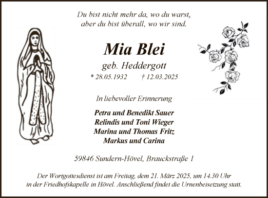 Todesanzeige von Mia Blei von WA