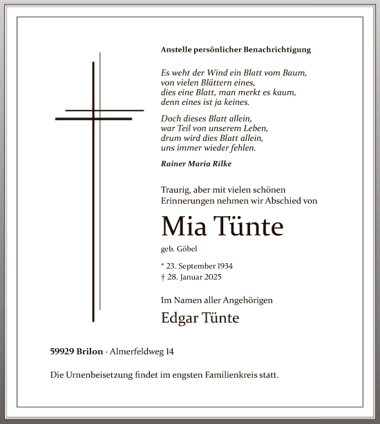 Todesanzeige von Mia Tünte von WA