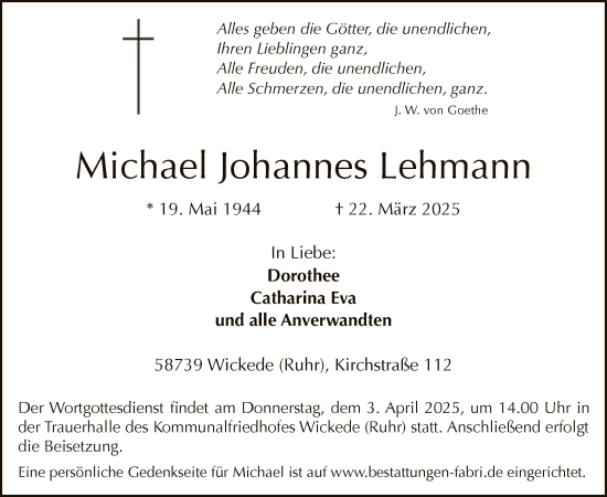 Todesanzeige von Michael Johannes Lehmann von WA