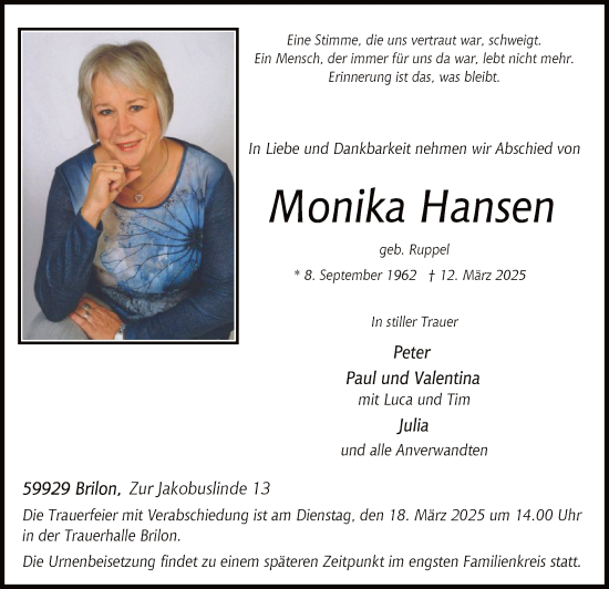 Todesanzeige von Monika Hansen von WA