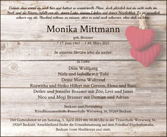 Todesanzeige von Monika Mittmann von WA