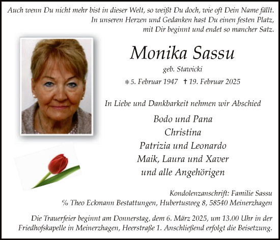 Todesanzeige von Monika Sassu von WA